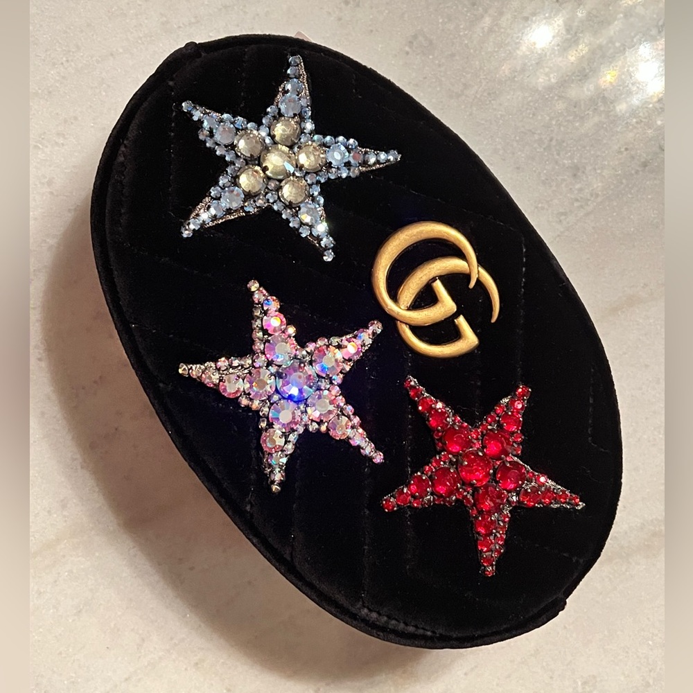 Gucci Velvet Matelasse Crystal Star GG Marmont Belt Bag